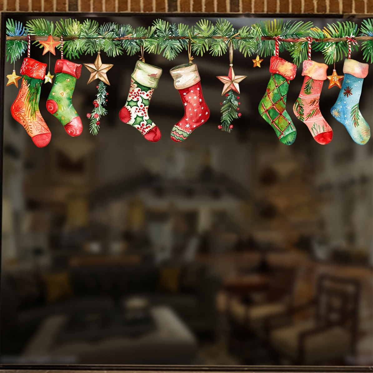 7 Types Of Christmas Stocking Window Stickers, Pine Branch And Star Patterns For Festive Glass Decorations