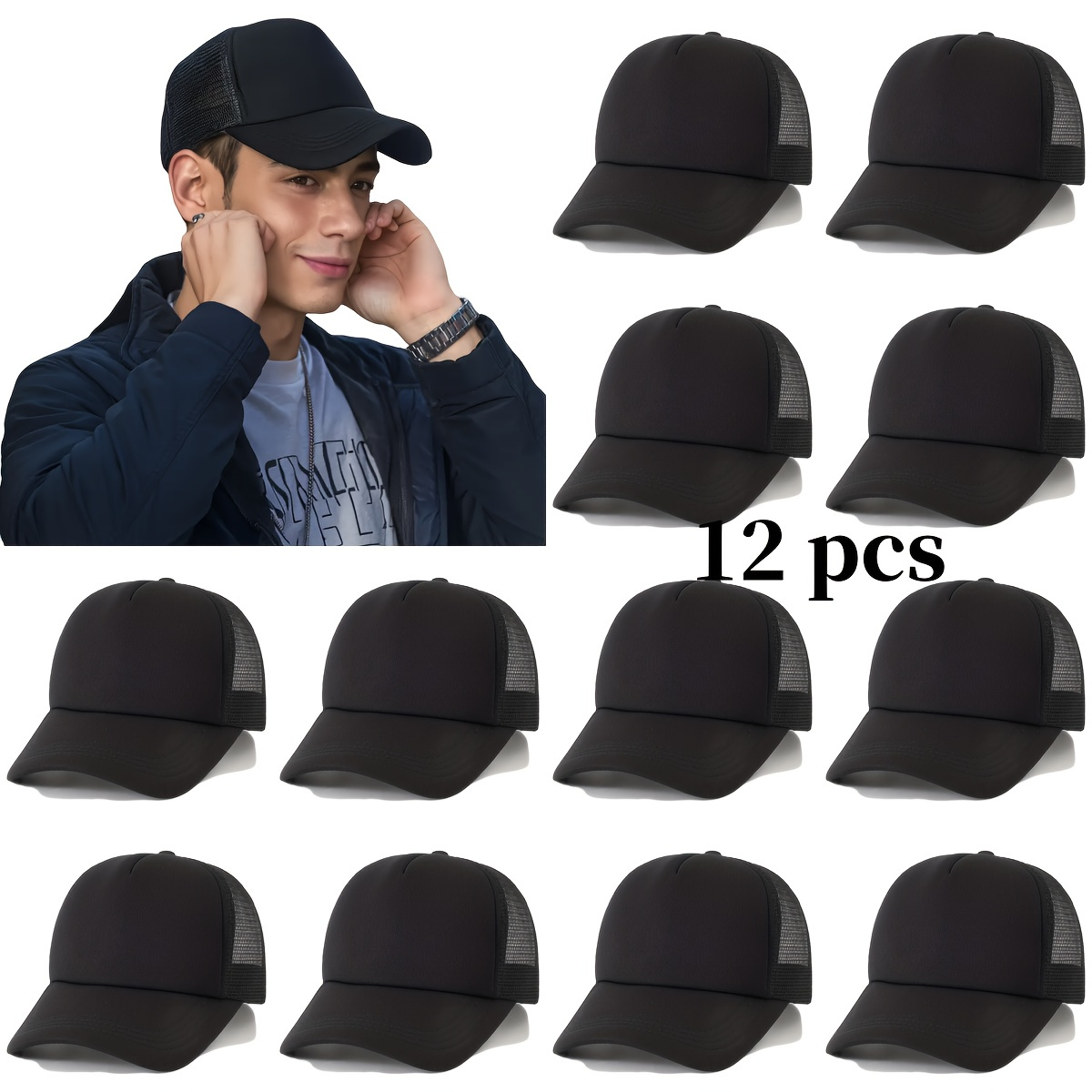 12 Black Baseball Caps, Breathable & Adjustable Fit