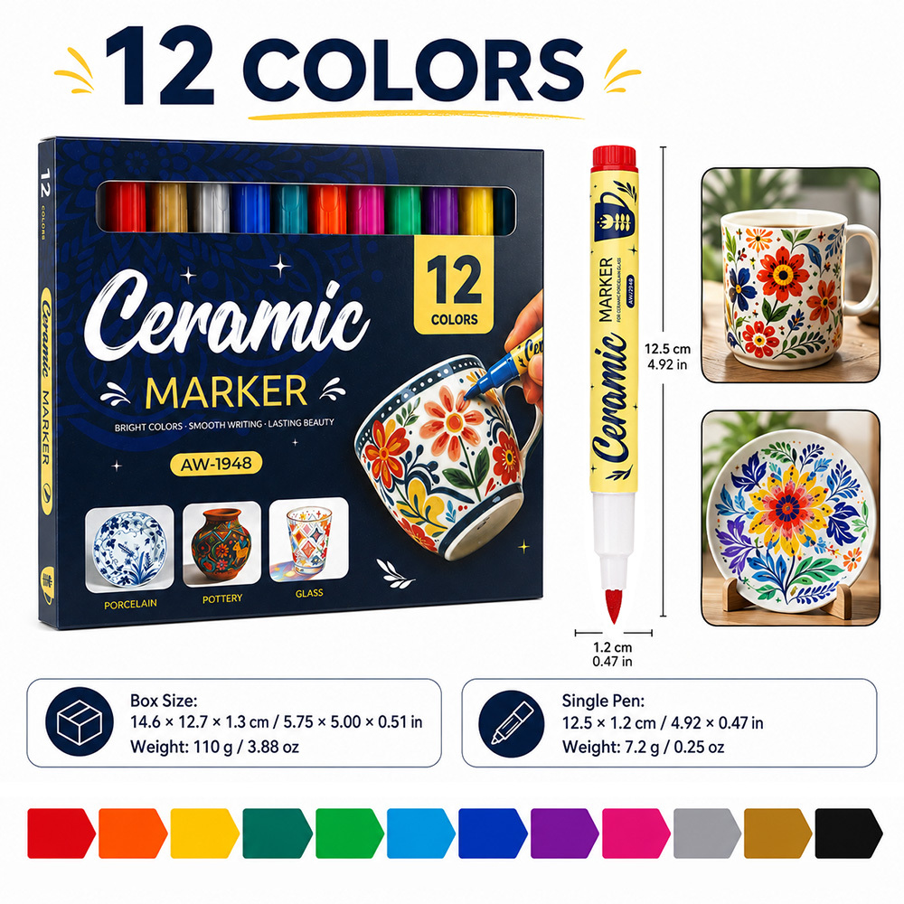 TEMU Set de 6/12 feutres de pour graffiti sur céramique à professionnel, à base d'eau, pour peinture sur verre, dessin à , bricolage, création