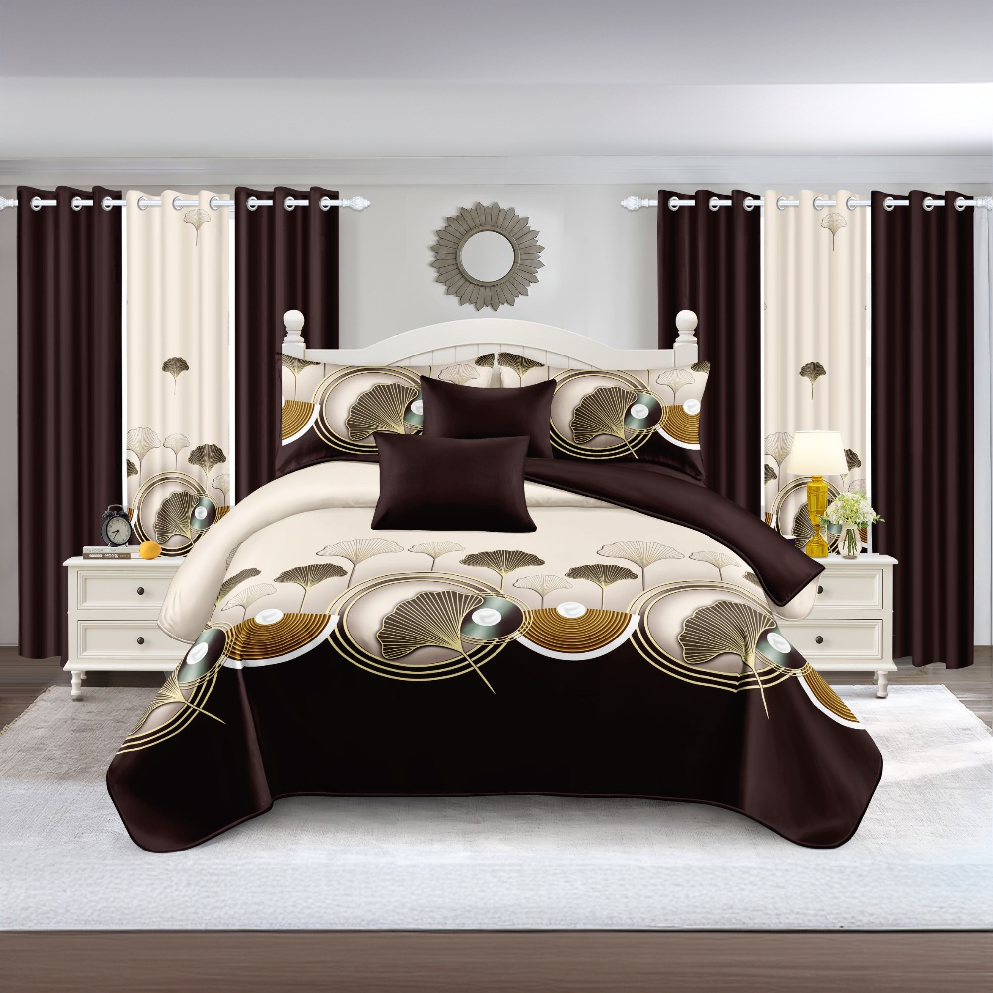 TEMU 9 pièces Ensemble de Literie Imprimé Lotus Marron & Noir avec Rideaux | Microfibre Bambou Doux -Rides et Absorbant l'Humidité, Cadeau de