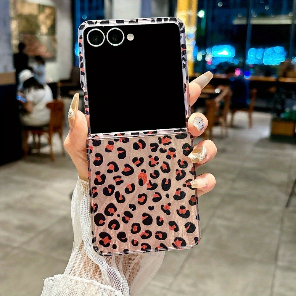 TEMU Phone Case: Korean-style Leopard Print Feather Yarn Foldable Full-coverage Protective Case Suitable For Galaxy Z Flip 3, Z Flip 4, Z Flip 5, Z