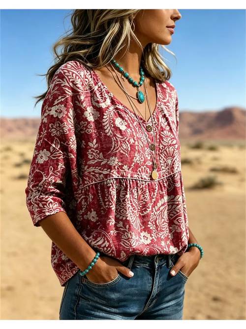 vintage floral print red womens blouse v neck three quarter sleeve loose casual top