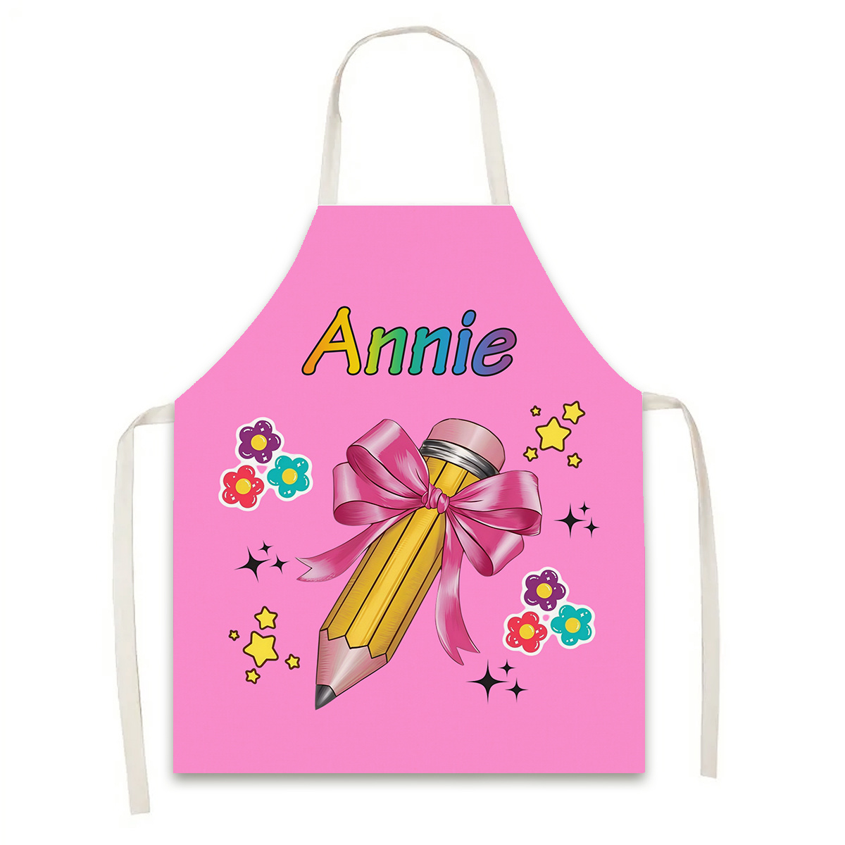 TEMU (customizable) 1pc, Back-to- Customizable Name/slogan Apron, Cartoon Bow Pencil Star Flower Print, 150g/m² Thickened Polyester Fabric, Painting