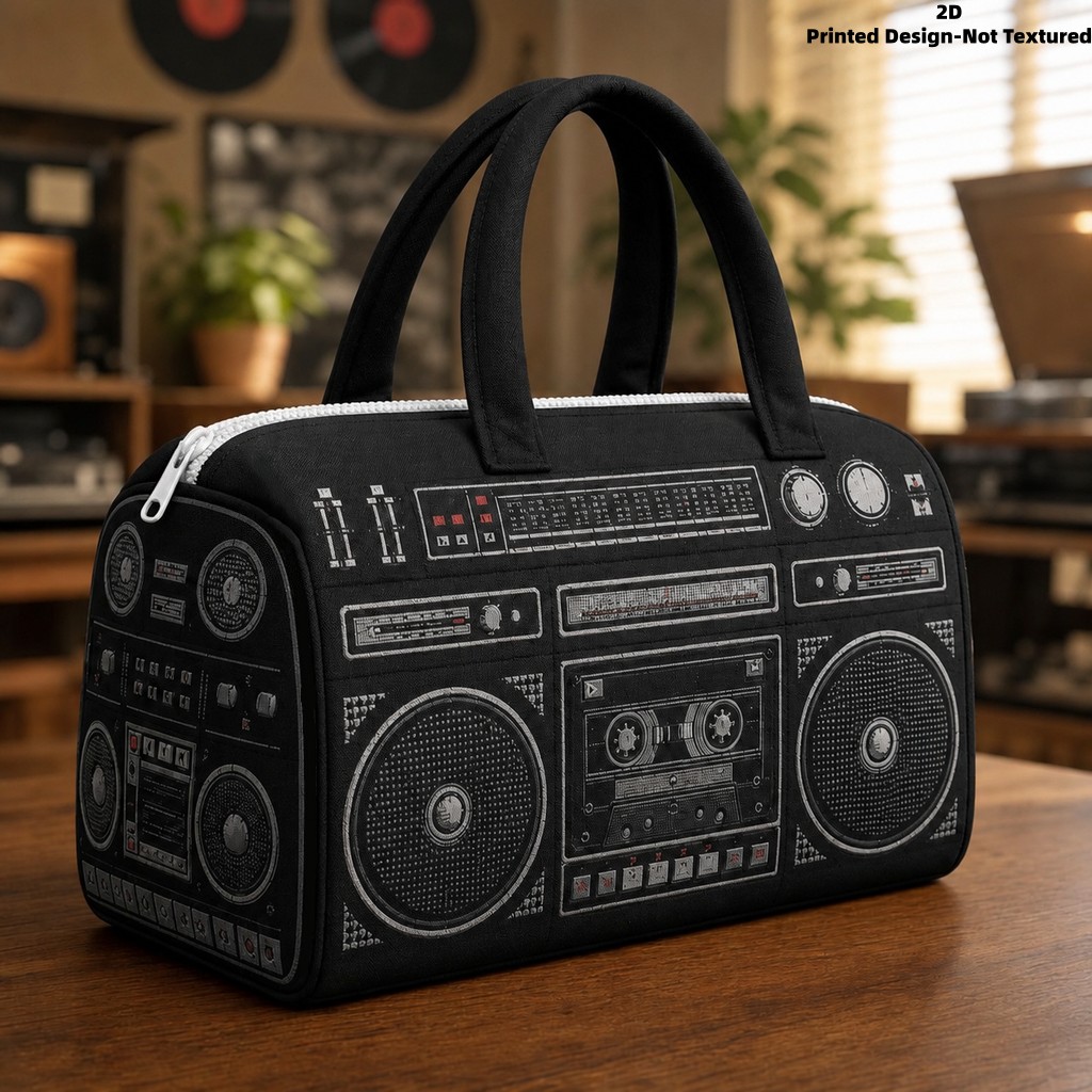 TEMU 2d Printed Design - Non-textured Vinyl Radio Large Capacity Travel Bag, American Nostalgic Sound Machine Cassette Pattern Hand Carry Luggage,