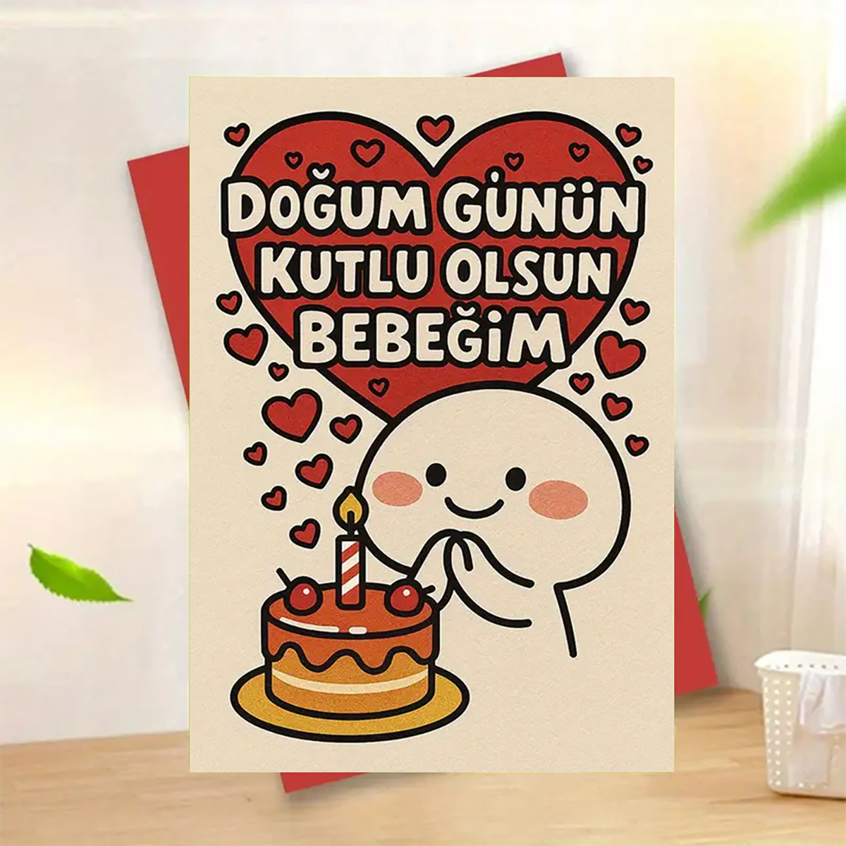 A Single Humorous Birthday Card Featuring A Turkish - 'döngün Gündön Günl Bebeğim' (i Love You) With Hearts (in Beige And Red