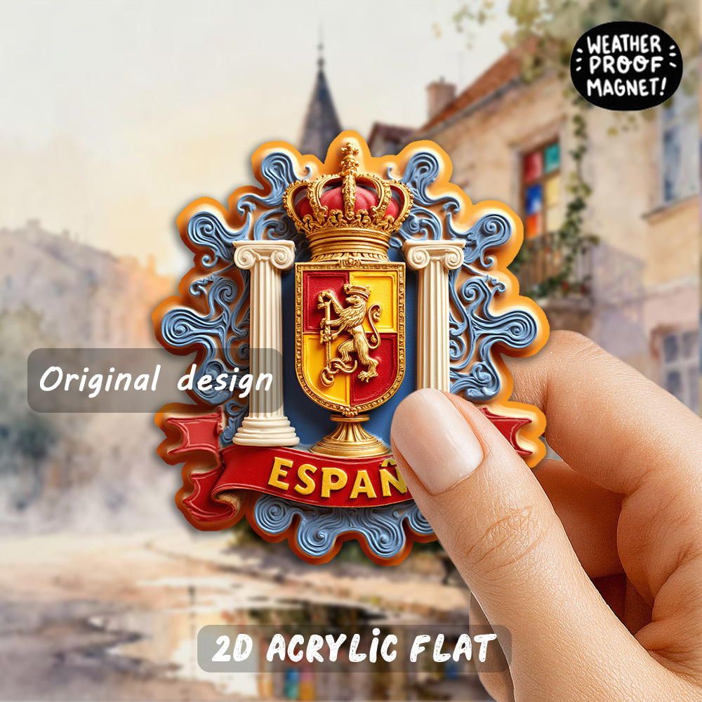 TEMU Imán de nevera acrílico 2D con una representación de España en y vibrantes, adornado con un león y una corona dorada. para estén interesados en