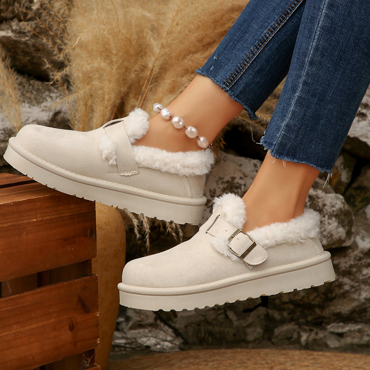 women's slip calf fur boots thick rubber sole Temu Mauritius