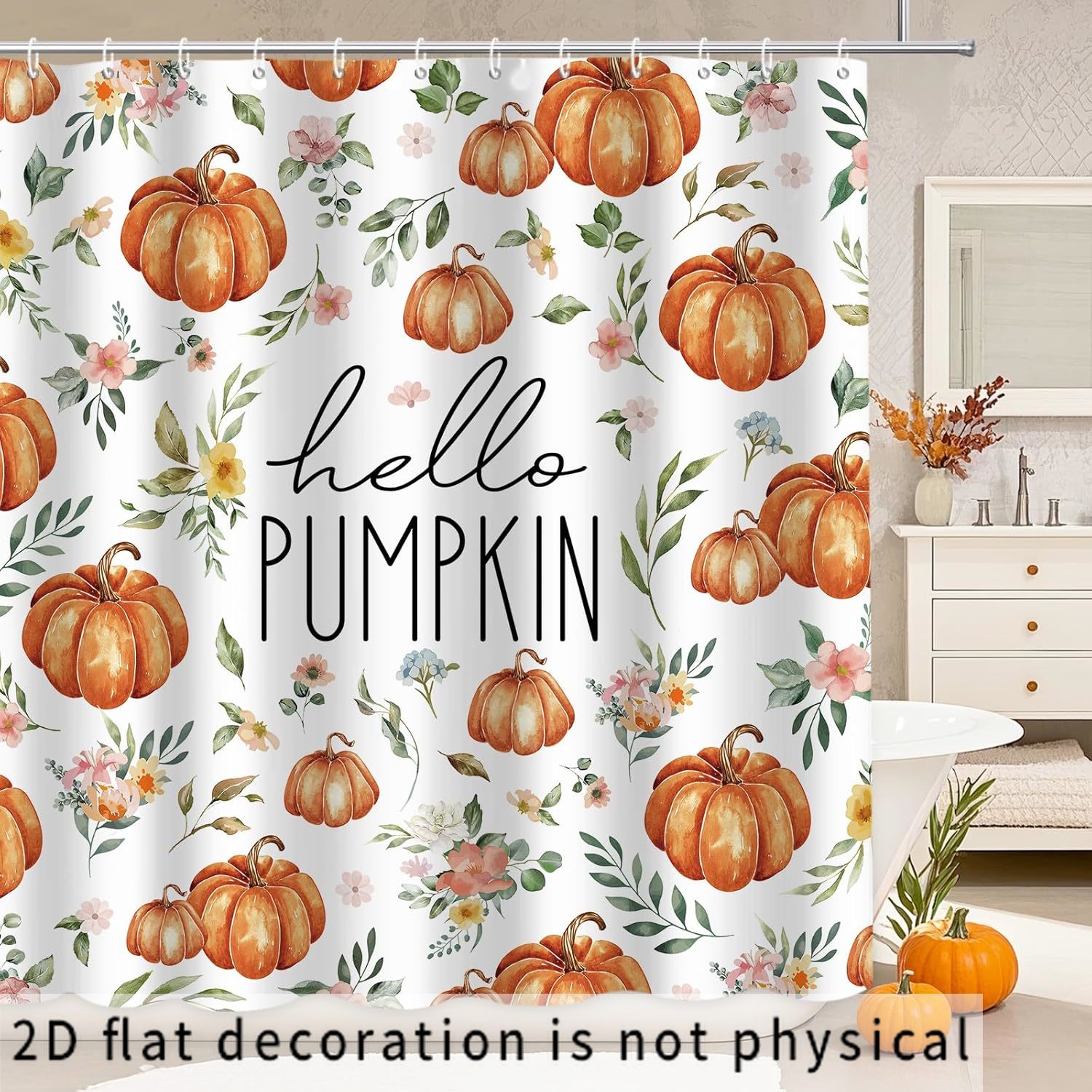 TEMU Rideau de douche plat 2D, 2D plat, 2D plat, 1 rideau de douche floral citrouille, rideau de douche automnal feuilles d'eucalyptus , rideau de