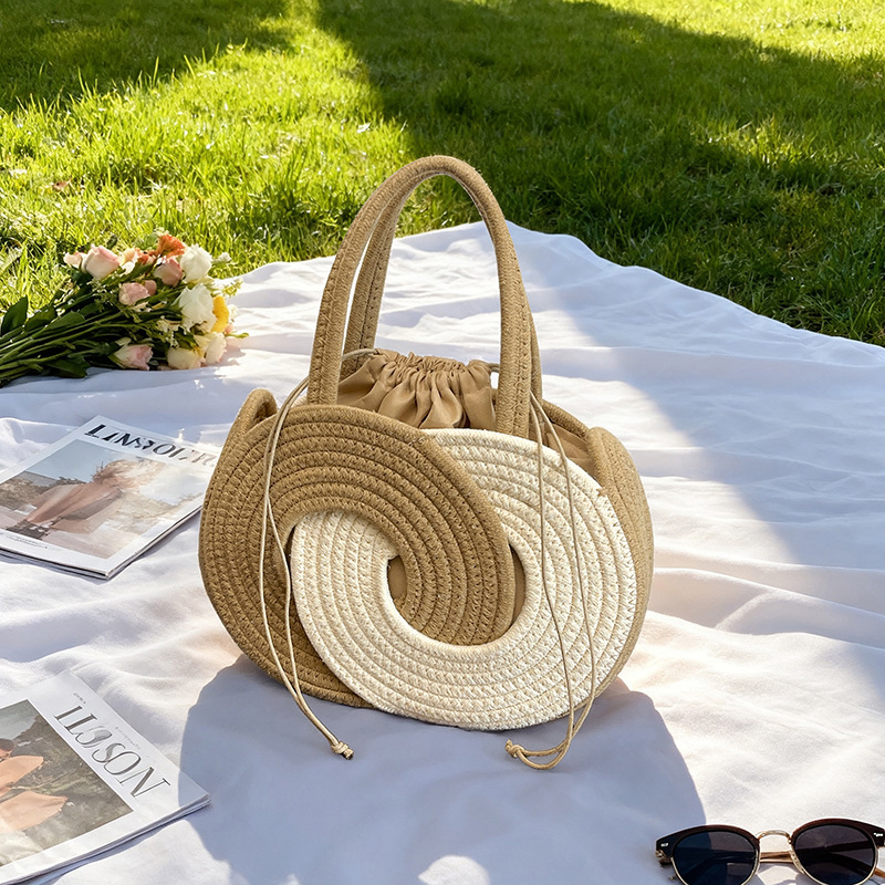 TEMU Sac à Main Tissé pour Femmes, Sac Bob de Corde avec Fermeture à Cordon, Grand Sac Tote à Poignée Supérieure Décontracté, Sac à Main Style Bohème