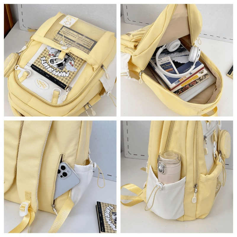 stylish nylon backpack with cute bunny charms lightweight design adjustable straps front mesh pocket happy little blue yellow black school or casual use everyday bag stylish backpack backpack for travel details 5