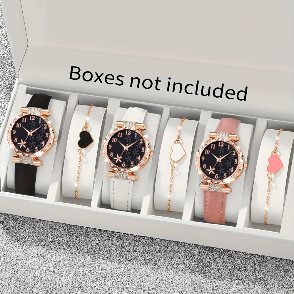 TEMU 6pcs/set Women's Watch Set Elegant Fashion Romantic Flower Dial Quartz Watch Heart Bracelet Suitable For Daily Wear Gift Or Souvenir For
