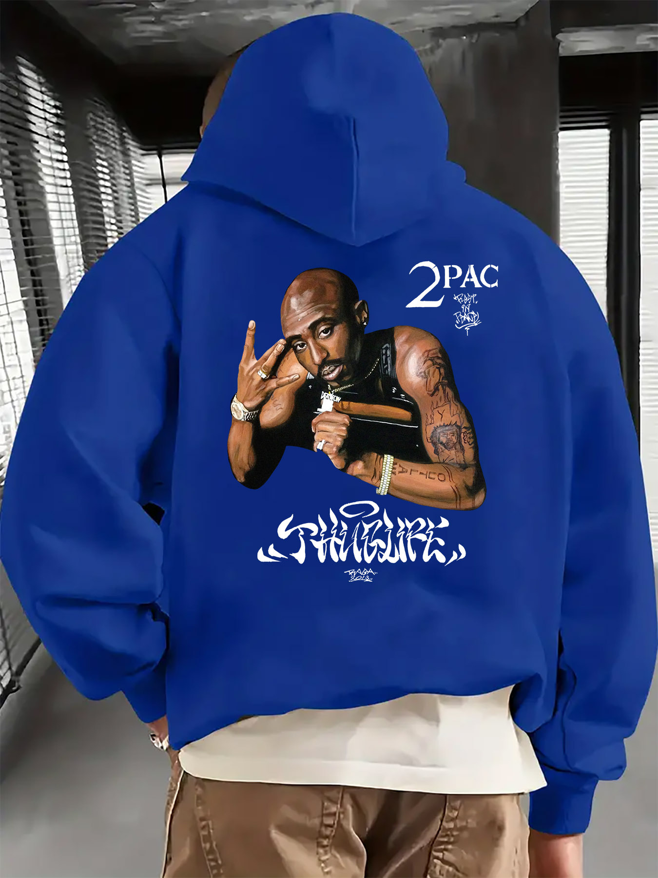 Men'S Casual Hoodie Featuring a "2Pac Rap Hand-Drawn" Print on The Back, Long-Sleeve Pullover with a Front Pocket, Machine Washable, Warm Sweater for Autumn And Winter, Everyday Pullover, Durable Patterned Sweatshirt. - Image 5