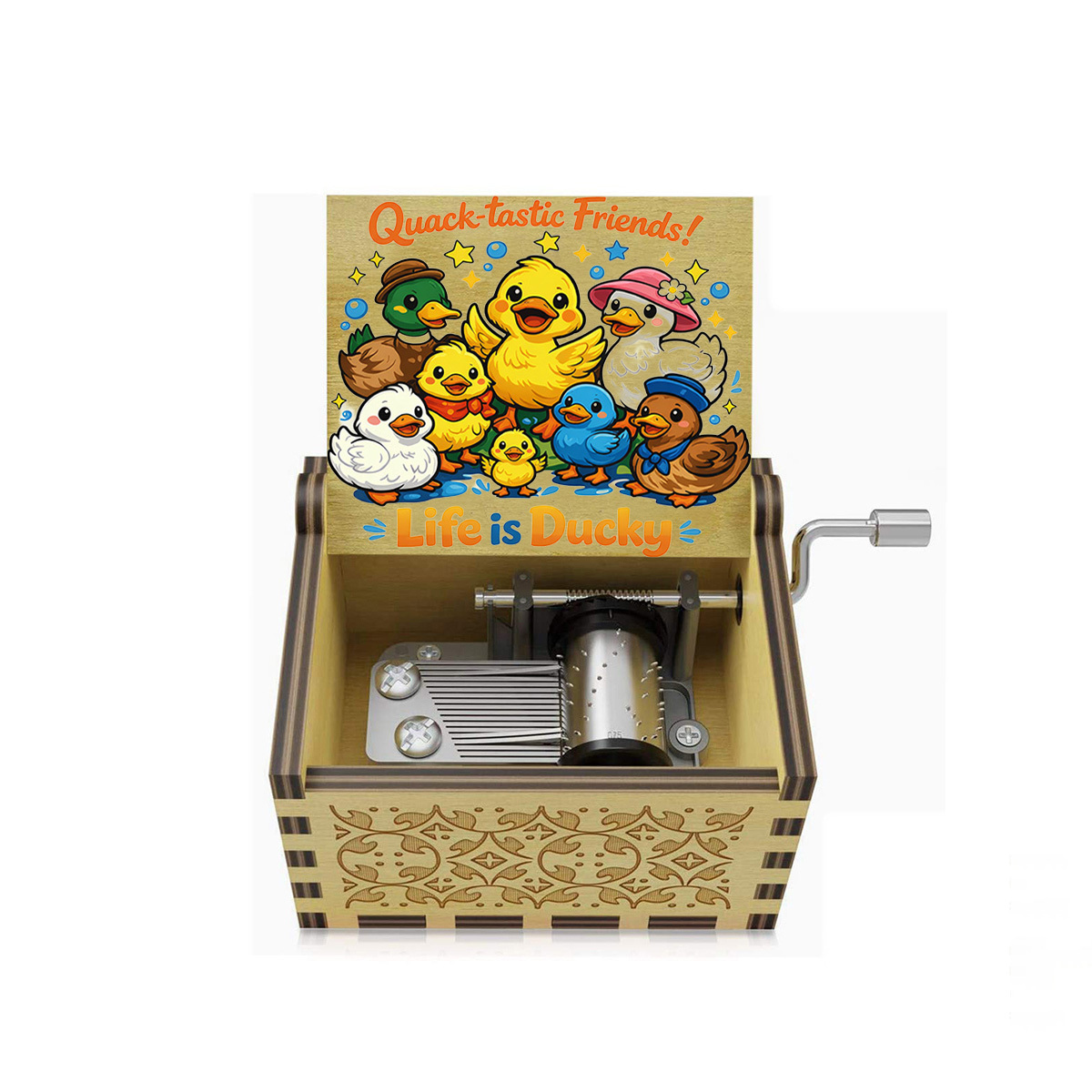 TEMU 1pc Duck-themed Hand-cranked Wooden Music Box Cute Gathering " Ducky" Lettering Adds Atmosphere Hand-cranked Sound Dynamic Music To Etc. Space