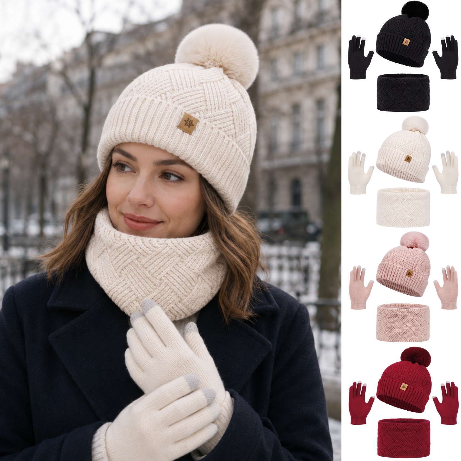 3pcs womens winter set pom pom beanie neck warmer and touchscreen gloves for daily commuting and outdoor wear