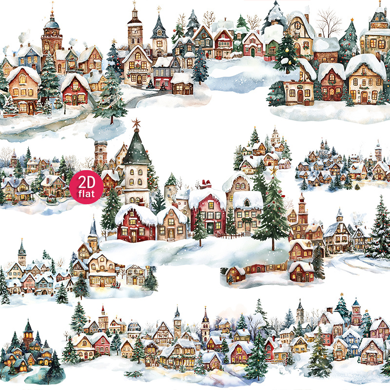 TEMU 2d Flat 20pcs, Christmas Snow Village Stickers, Vintage Watercolor European Town Architecture Decorative Decals For Journal, , Notebook, ,