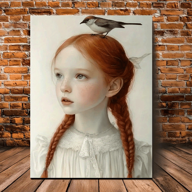 

Redheaded Girl & Bird Canvas Art - Modern Wooden Wall Decor For Living Room, Anniversaries, Christmas, Valentine's Day - 11.8x15.7 Inches, Room Decor