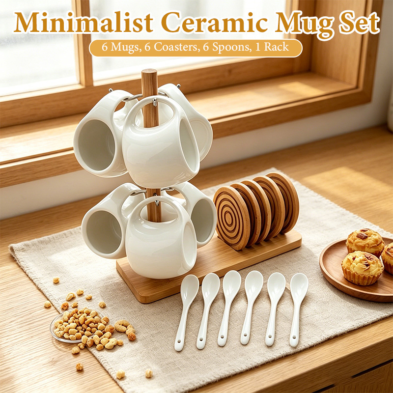 TEMU Ceramic Mug Set, 6 Coffee Cups+ 6 Spoons+ 6 Coasters+ 1 Wooden Cup Holder, Beverage Set, Summer Gift For , Coffee Bar Accessories, Kitchen