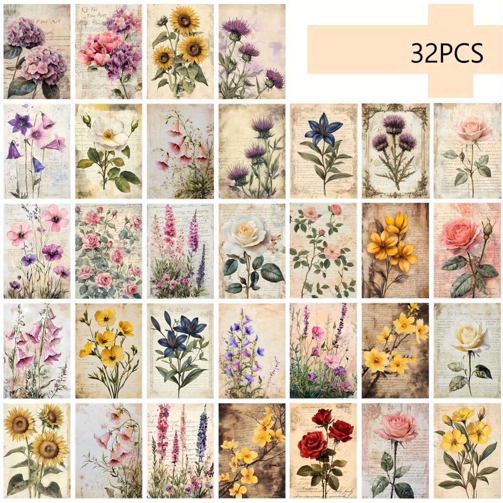 E-shop 32 Stück, Vintage Blumen Pflanzen Exemplar Postkarten Serie, Lavendel, Sonnenblume, Rose Geburtstagsgeschenk, Gedenkgeschenk, Themen