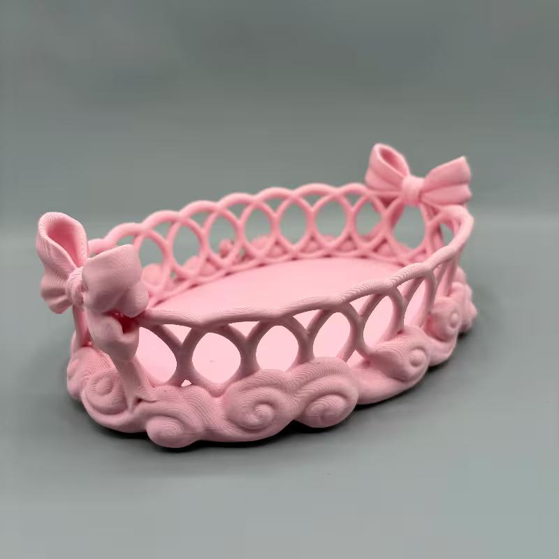 TEMU Plateau de rangement ovale avec motif nœud nuage, nœuds latéraux élégants et base tourbillon, organisateur de coiffeuse féminin et pour parfum,