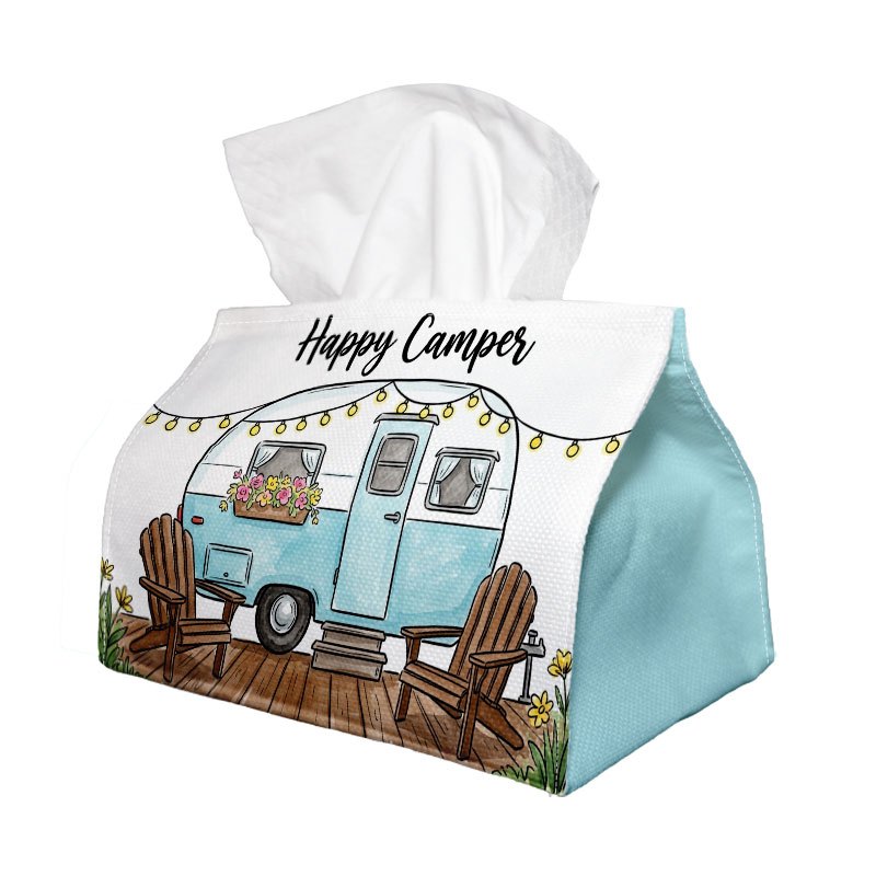 TEMU 1pc 2d Flat Tissue Box Cover With Blue Trailer And String Lights Pattern - Washable Fabric Tissue Box With Reinforced Edges, Suitable For Home,