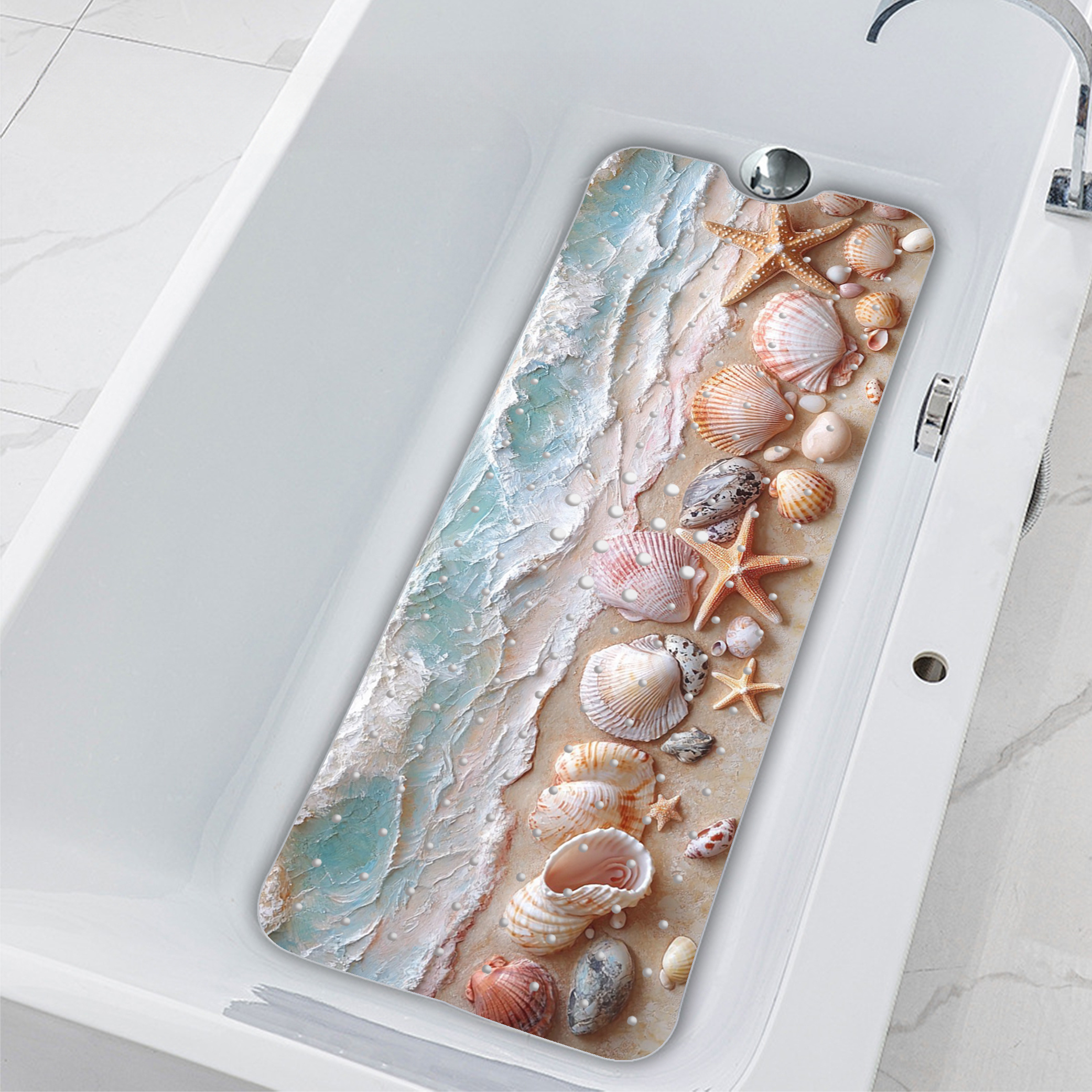 Image of Cartoon Bath Mat Featuring Seashells And Starfish, Designed For Use In The Bathtub With Suction Cups And Drainage Holes. Machine Washable And Perfect For Home And Bathroom Use