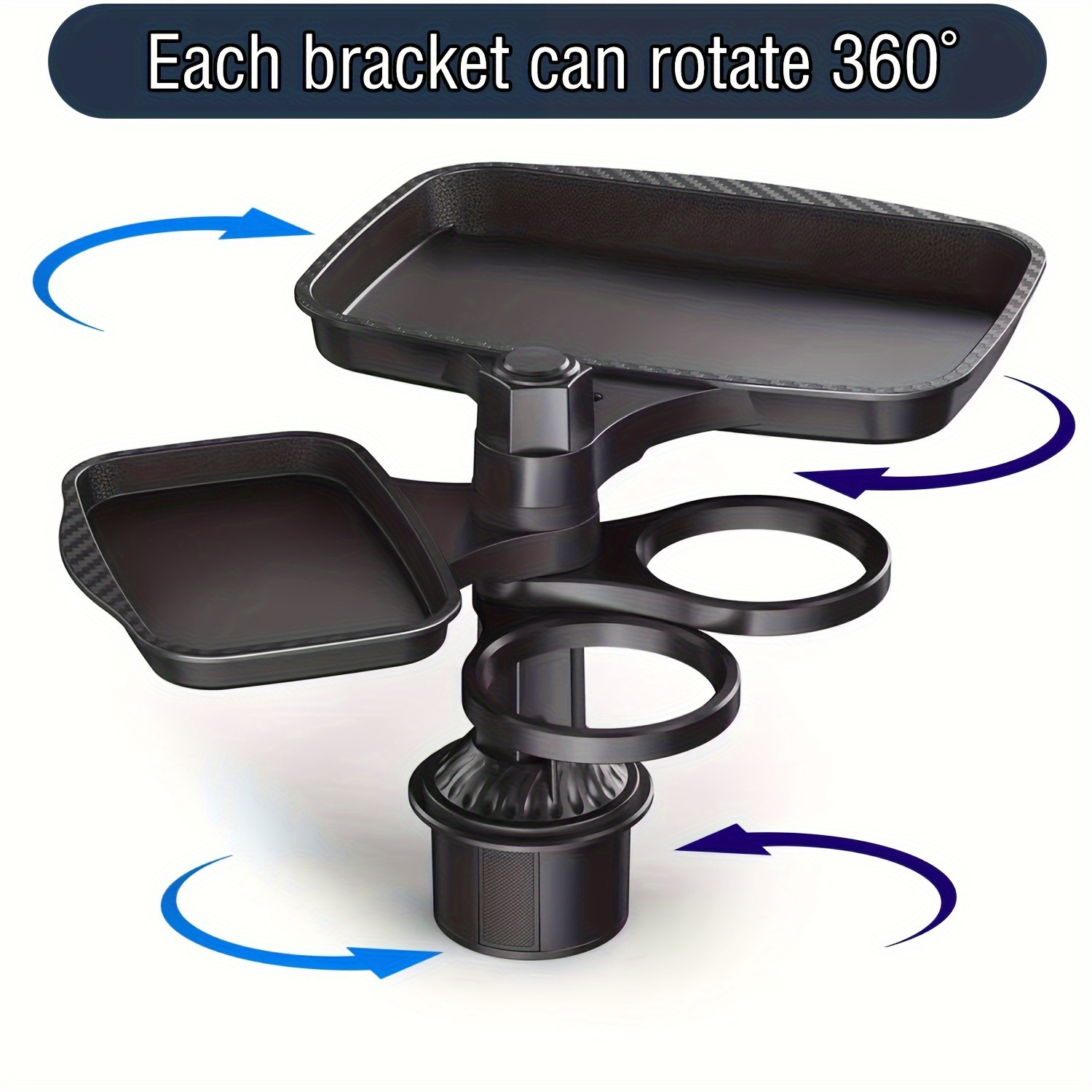 

360° Rotatable 3-in-1 Car Cup Holder Tray - & Detachable With Sturdy Base, Ideal For Trips - Fit, Pvc, Black - Essential Travel Accessory For Snacks & Drinks