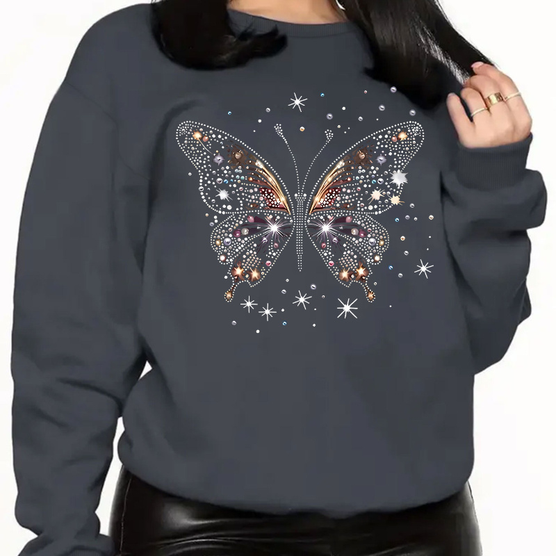 

Cozy Fleece-lined Print Sweatshirt For Women - Casual Crew Neck, Long Sleeve Pullover For Fall & Winter