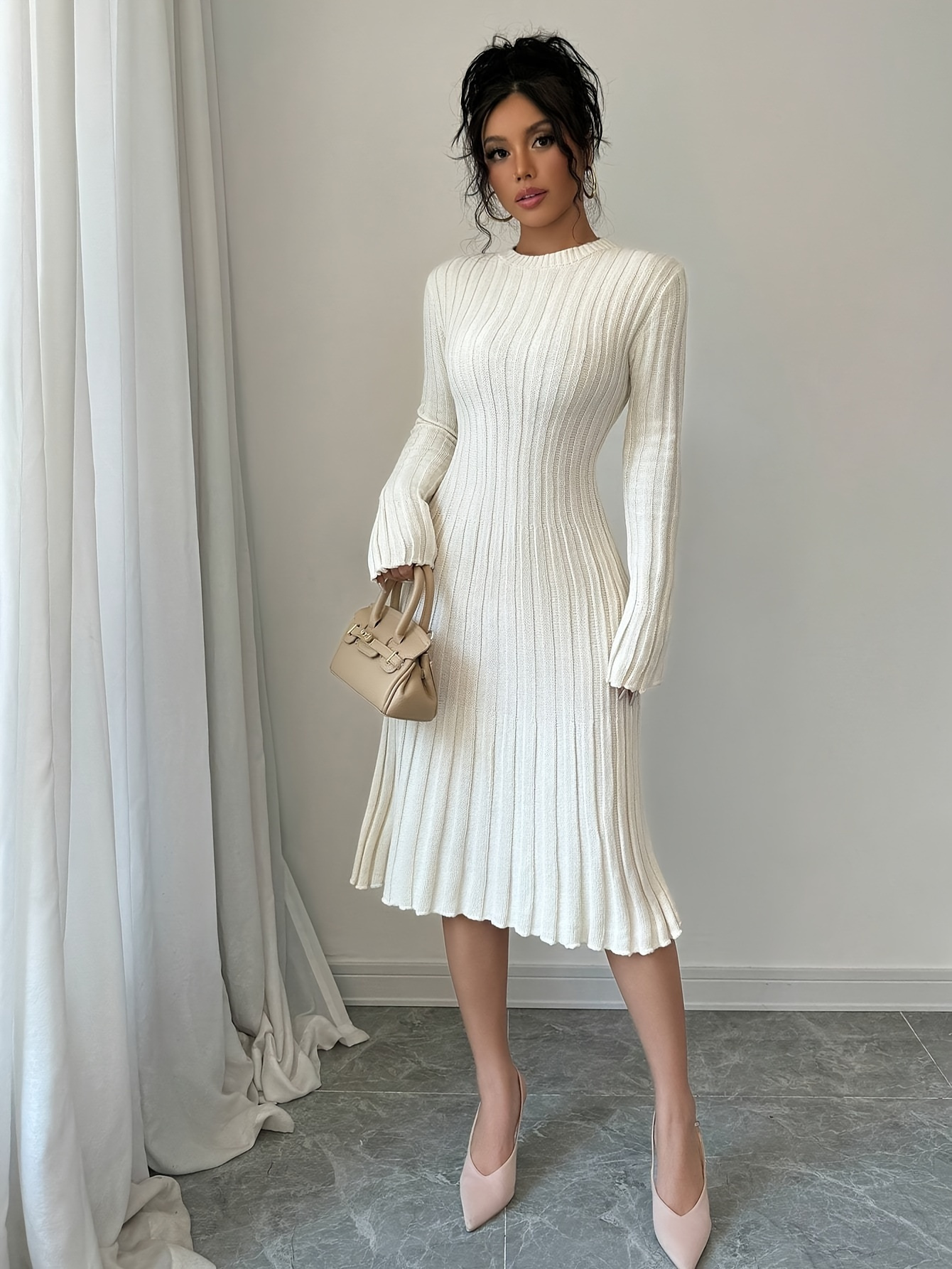 fashion round neck pure white sweater dress Women's Elegant Ribbed Pleated Long Sleeve Crew Neck Sweater Dress