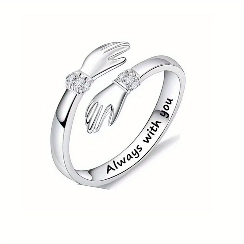 TEMU 1pc 925 925 Silver Plated-plated Hand-hugging Synthetic Zirconia Ring, Embrace, Adjustable Opening Ring, Gift