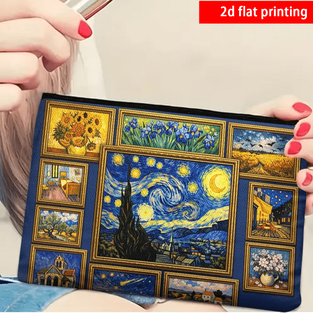 TEMU Bolsa de tocador con estampado floral de noche estrellada, y iris, impresión 2D, 1 pieza, diseño de collage de pintura clásica de piezas,