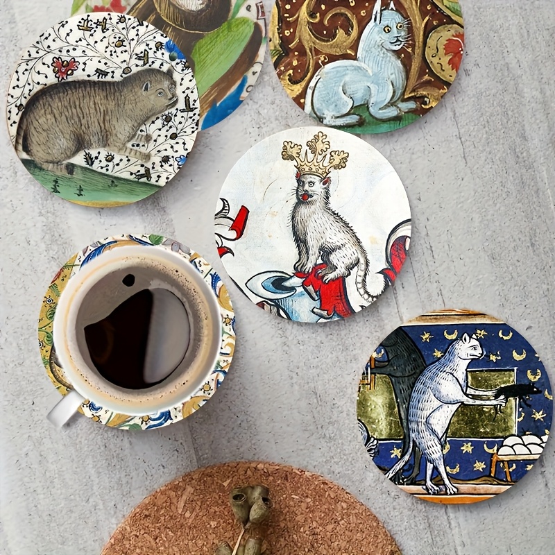 E-shop 6er-Set mittelalterliche Katzen-Untersetzer – Hitzebeständige Untersetzer, Vintage-Gothic-Katze heraldischer /Renaissance-Katzen-Design –