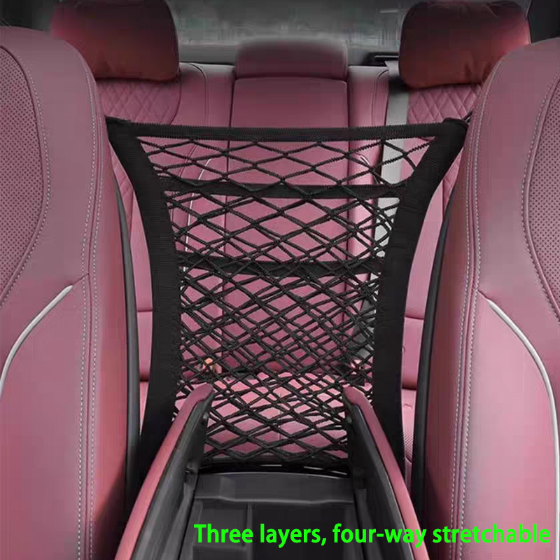 Spacious Elastic Mesh Storage Bag For Car Seats, A Versatile Organizer And Trunk Net For Snacks, Groceries, Waste, Tissue Boxes, And Everyday Items, Featuring 3 Layers And Stretch