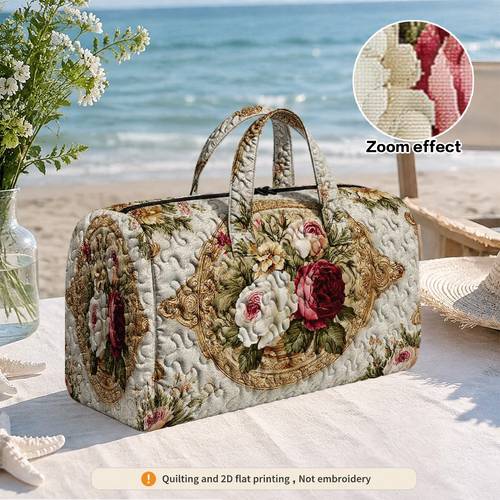 imagen del artículo bolso tote acolchado con de rosas vintage 2d , 1 pieza, con cierre de cremallera, asa , , para viajes cortos, desplazamientos y organización de viajes , bolso de (sin bordado)