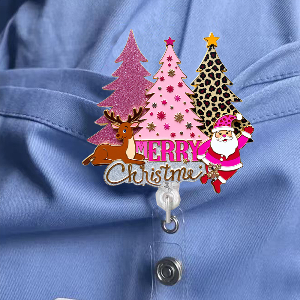 TEMU 1pc 2d Flat Retractable Badge Reel Accessory, Cute Fun Acrylic Id Badge Clip With Clasp, Christmas Tree And Reindeer Design, For , Nurse,
