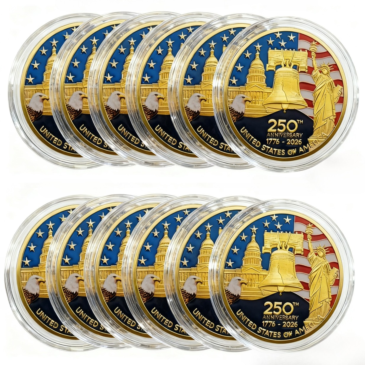 set of 12 2026 american   250th anniversary medals 1776 2026     with plastic case and   challenge coin badge    