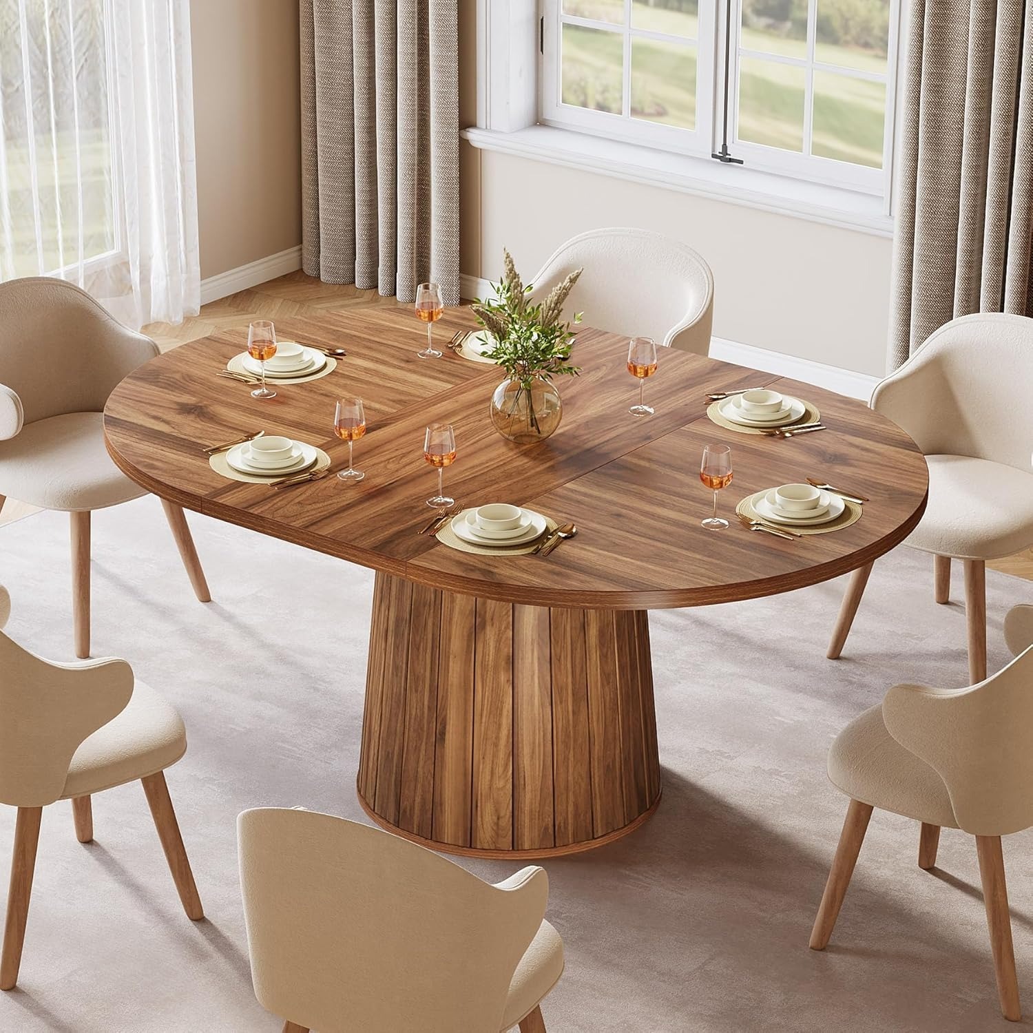 Oval Dining Table For 6, 55.11-inch Farmhouse-style Wooden Dining Table, Rustic Kitchen Table With Wooden Tabletop And Cylindrical Base For (brown)