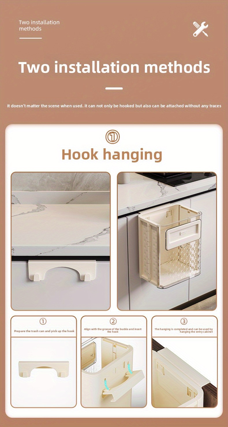 wall mounted modern white black rectangular trash can with lid space saving durable plastic bin hygienic hands free operation   for kitchen bathroom office bedroom   with   screw mount ideal for spaces beige black ideal for apartments homes modern white   sturdy   easy to clean   cute trash can double   for kitchen kitchen under sink trash can w Product details 7