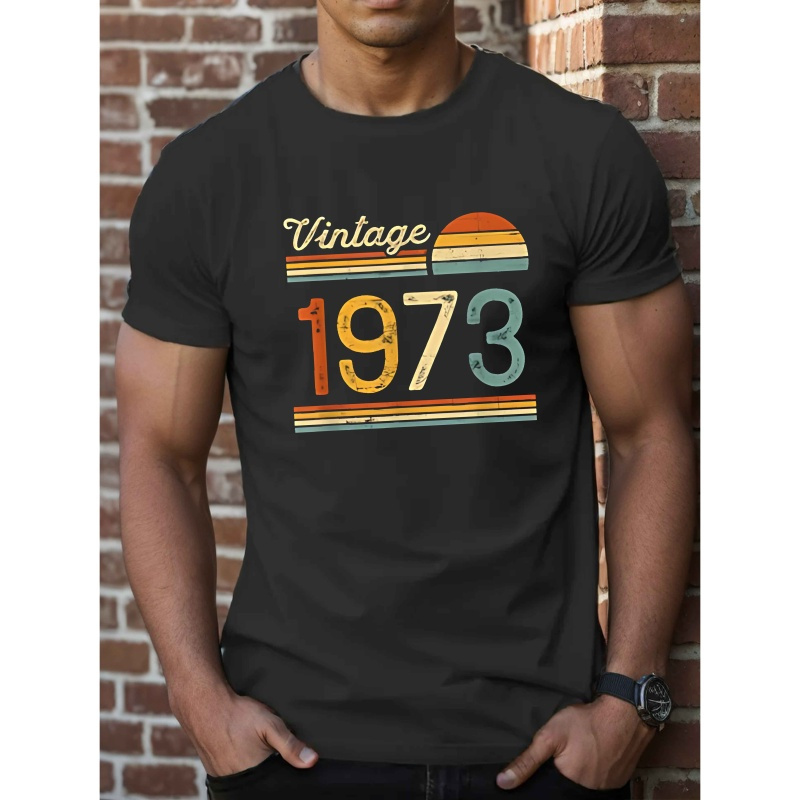 

1pc Vintage 1973 Casual T-shirt For Men - Polyester Knit Fabric With Stretch, Geometric Pattern, Crew Neck, Regular Fit - Summer Top