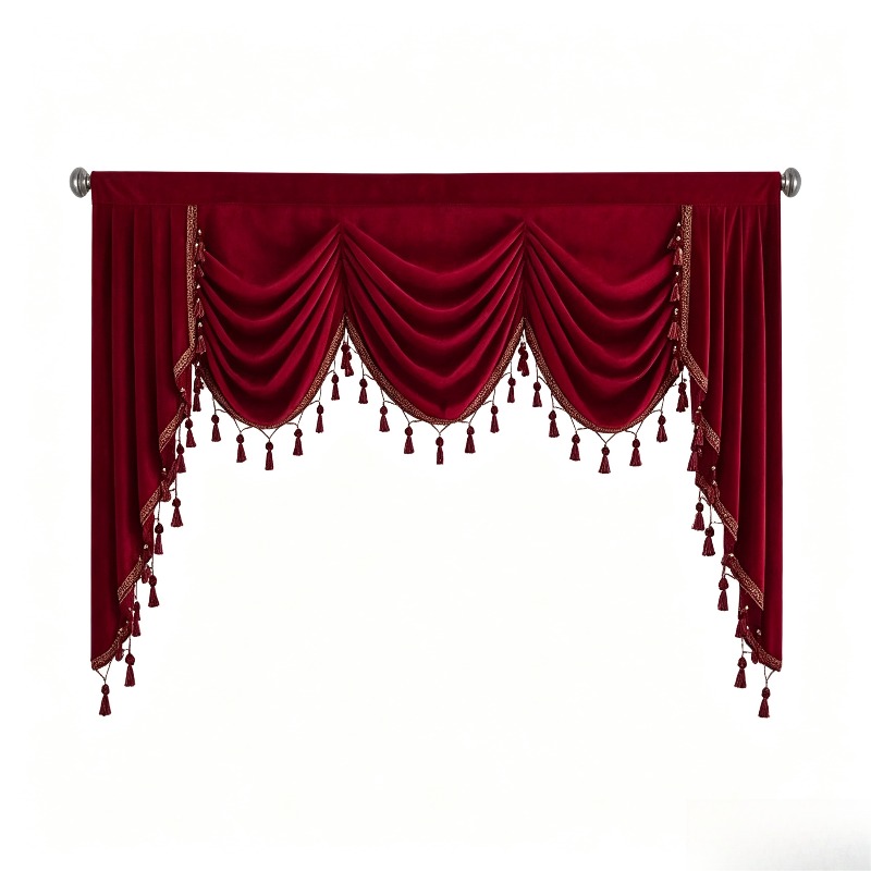 TEMU 1pc Pack Rod Easy All-match Tassel Curtain Hotel Roman Drape Valance Red Curtain