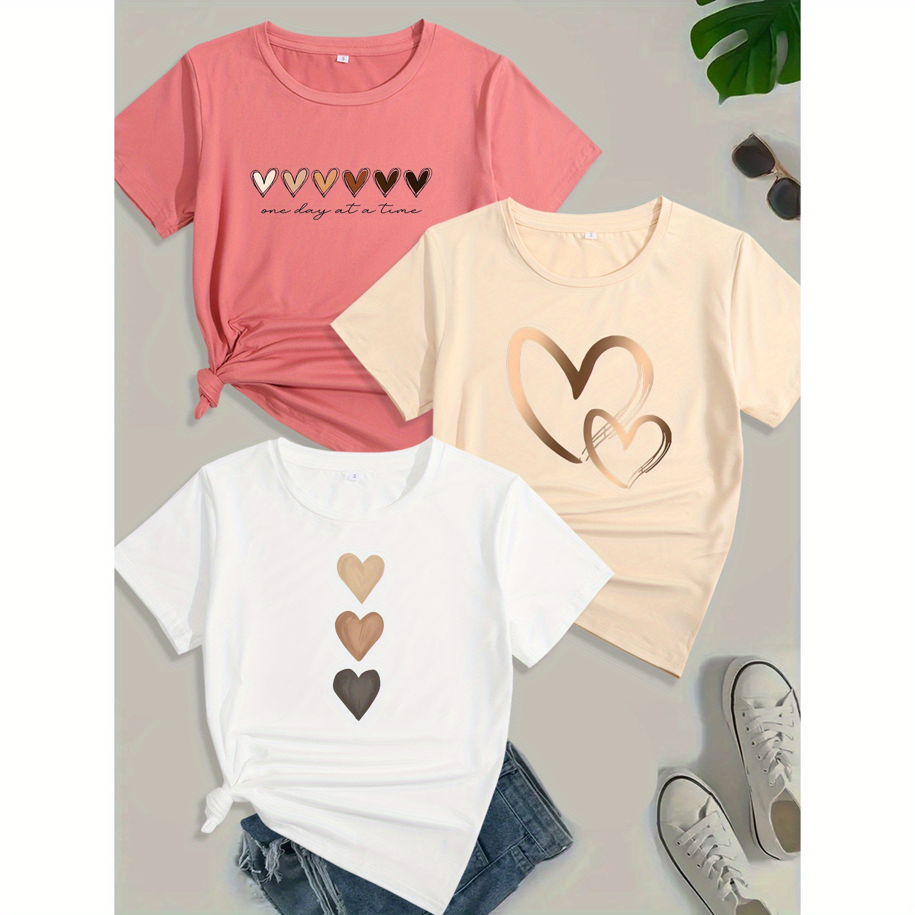 

3pcs T-shirt, Short Sleeve Crew Neck Casual Top For Summer & Spring, Women's Clothing