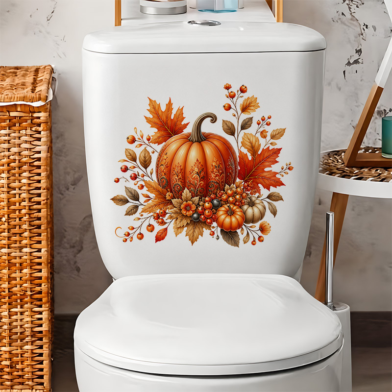 TEMU 1pc Of Pumpkin And Autumn Leaf Pattern Toilet Sticker, Tank Sticker, Bathroom Decor, Fun Toilet Sticker, Wall Decor, Home Decor, Enhancing The