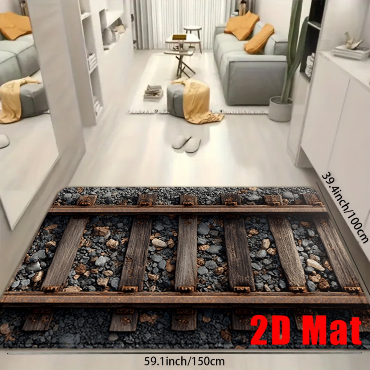 TEMU 1pc Rustic Railroad Track Flannel Floor Mat Suitable For Indoor/outdoor Use - Train Track With Non-slip Backing, Thick Warm Bath Suitable For ,