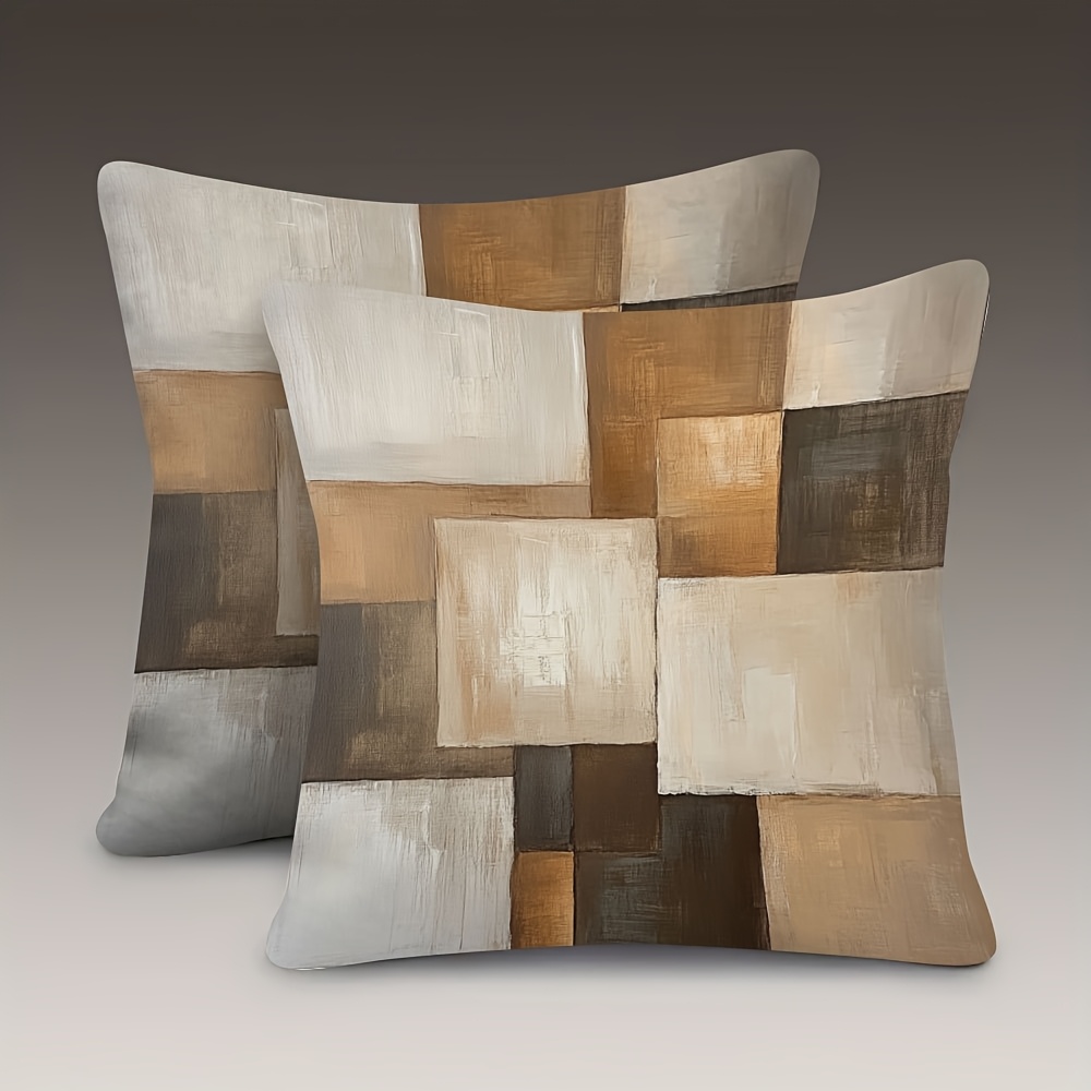 TEMU 2d Printing 2pcs Pillowcase Set, Modern Abstract Style, Brown, White, And Gray Color Block Geometric Pattern. Suitable For Sofas, Bedrooms,