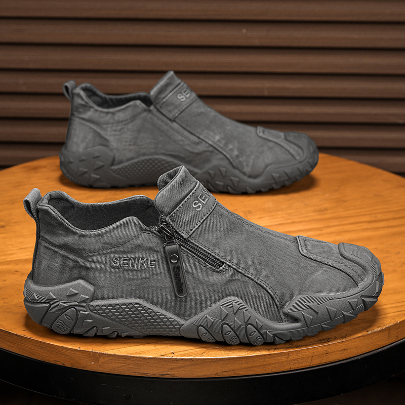 TEMU Vintage-style Men's Gray Canvas Shoes With Side Zipper, Anti-slip, Wear-resistant, Breathable, Slip-on Casual Shoes