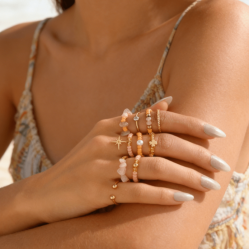 TEMU Juego de 10 anillos estilo bohemio, para chica, rosa y naranja, anillos de cordón elástico con piedras trituradas irregulares y cuentas de