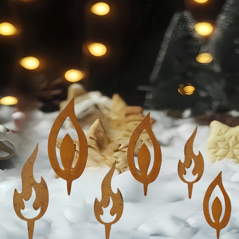 TEMU [2D Flach] Rustikaler Gartenpfahl aus Metall mit Flammensilhouette, Außenskulptur-Kunstdekor, kreativer Feiertags-Schmuck für Heimdekoration,