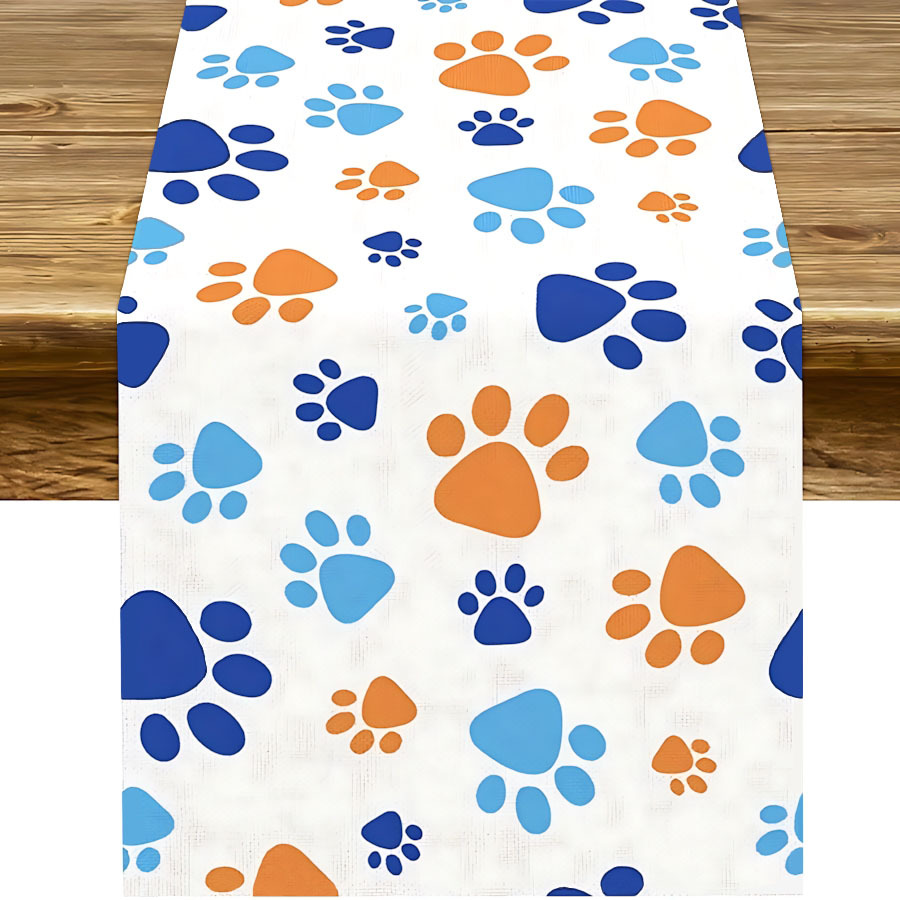 TEMU Nappe Imprimé Patte de Chien - Décoration de Fête d'Anniversaire pour Animaux de Compagnie, Base Blanche avec Imprimés de Patte Orange et Bleue,