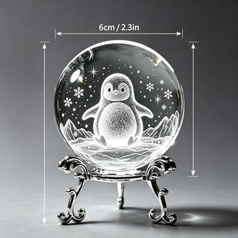 TEMU Transparent Crystal Ball With 3d Ice-carved Penguin And Snowflake Pattern, Featuring Fine Laser Engraving, Vintage Metal Stand, Winter-themed