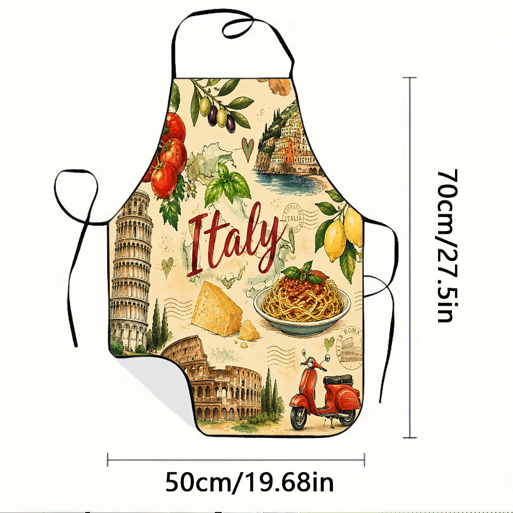 TEMU 1 stuks Italië Culturele Elementen Print Schort, Duurzaam en Makkelijk Schoon te Maken, Verstelbare Tailleband, Polyester Materiaal, voor Keuken