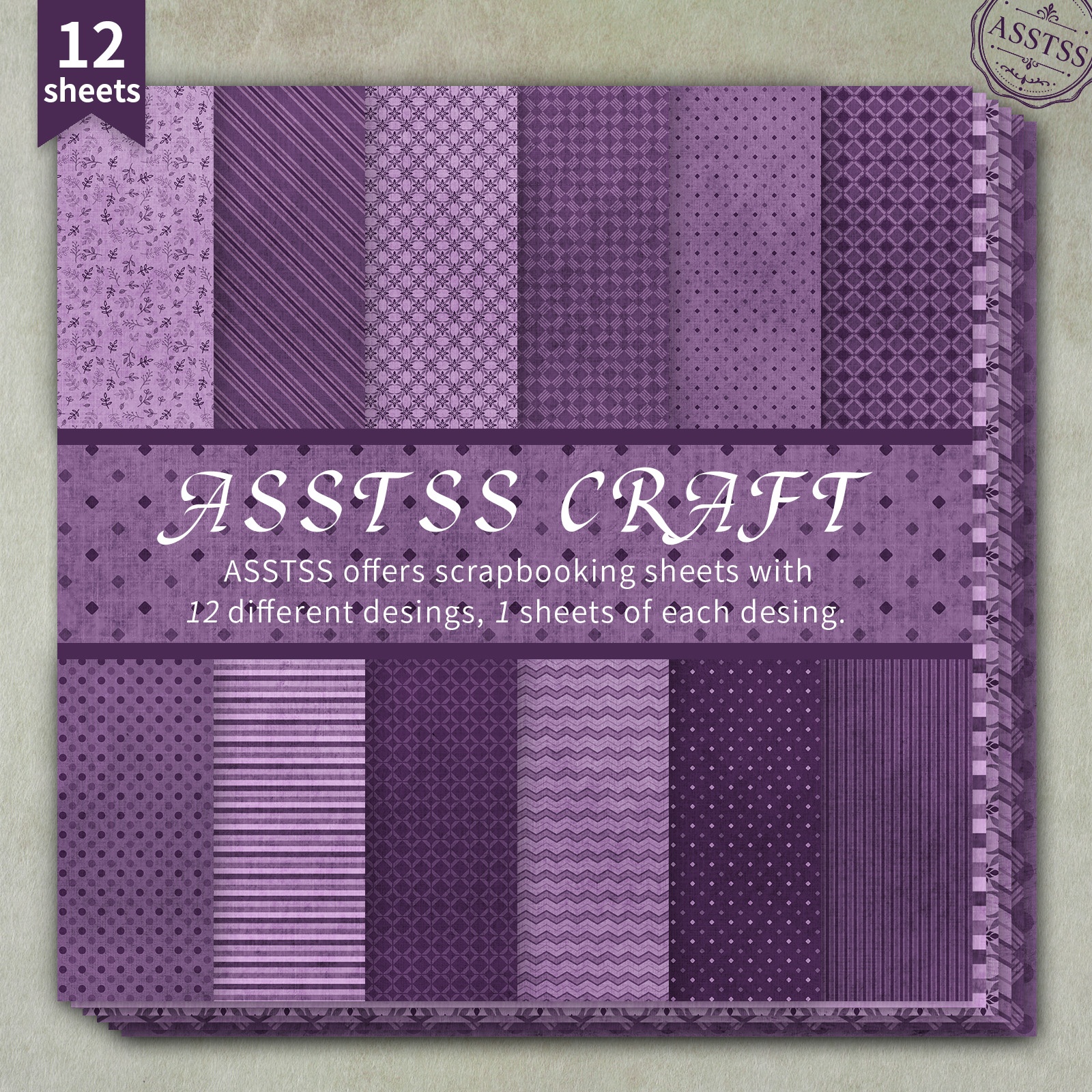 TEMU 12-sheet Asstss Heavyweight Scrapbooking Paper Pad Suitable For Journaling, Collage Art & Crafts - Vintage Purple Grunge Texture With Floral,